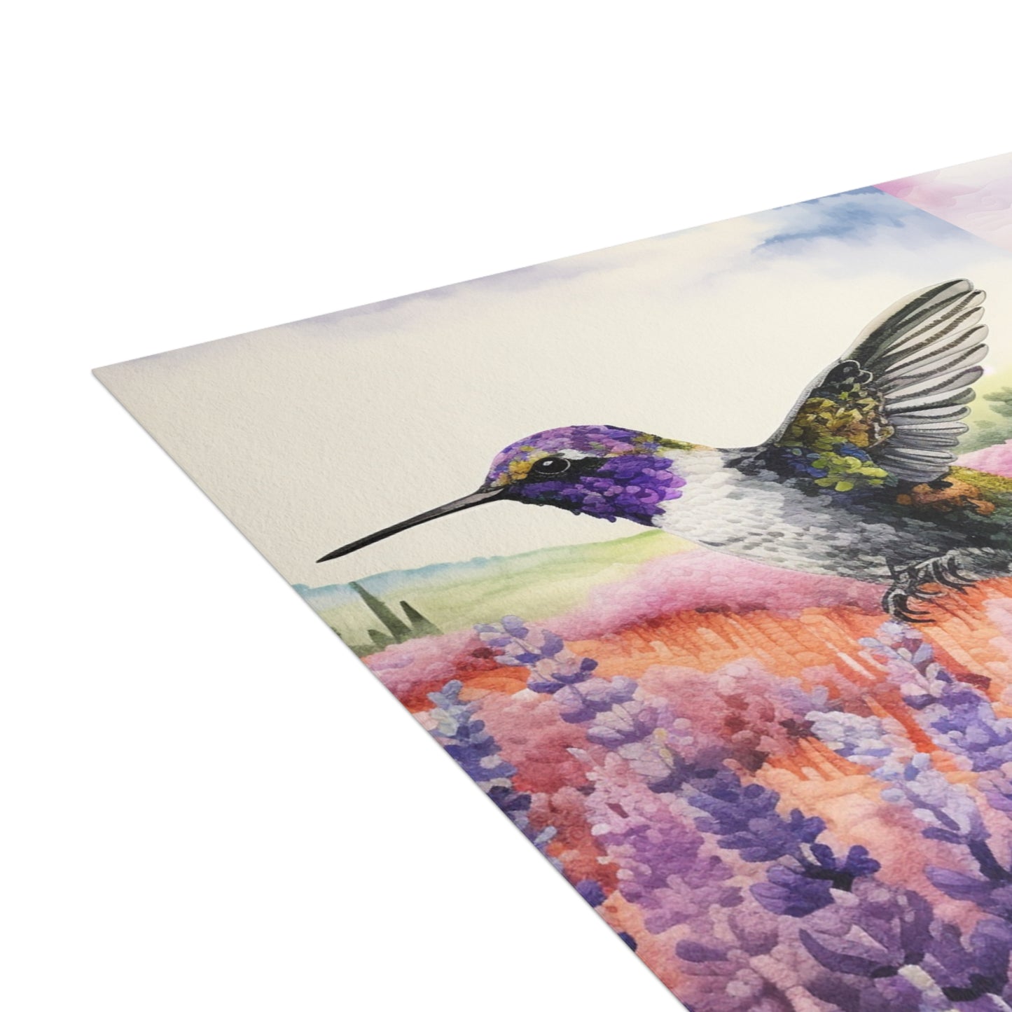 Threaded Wings: A humming's birds dance in a lavender field - Greeting Card