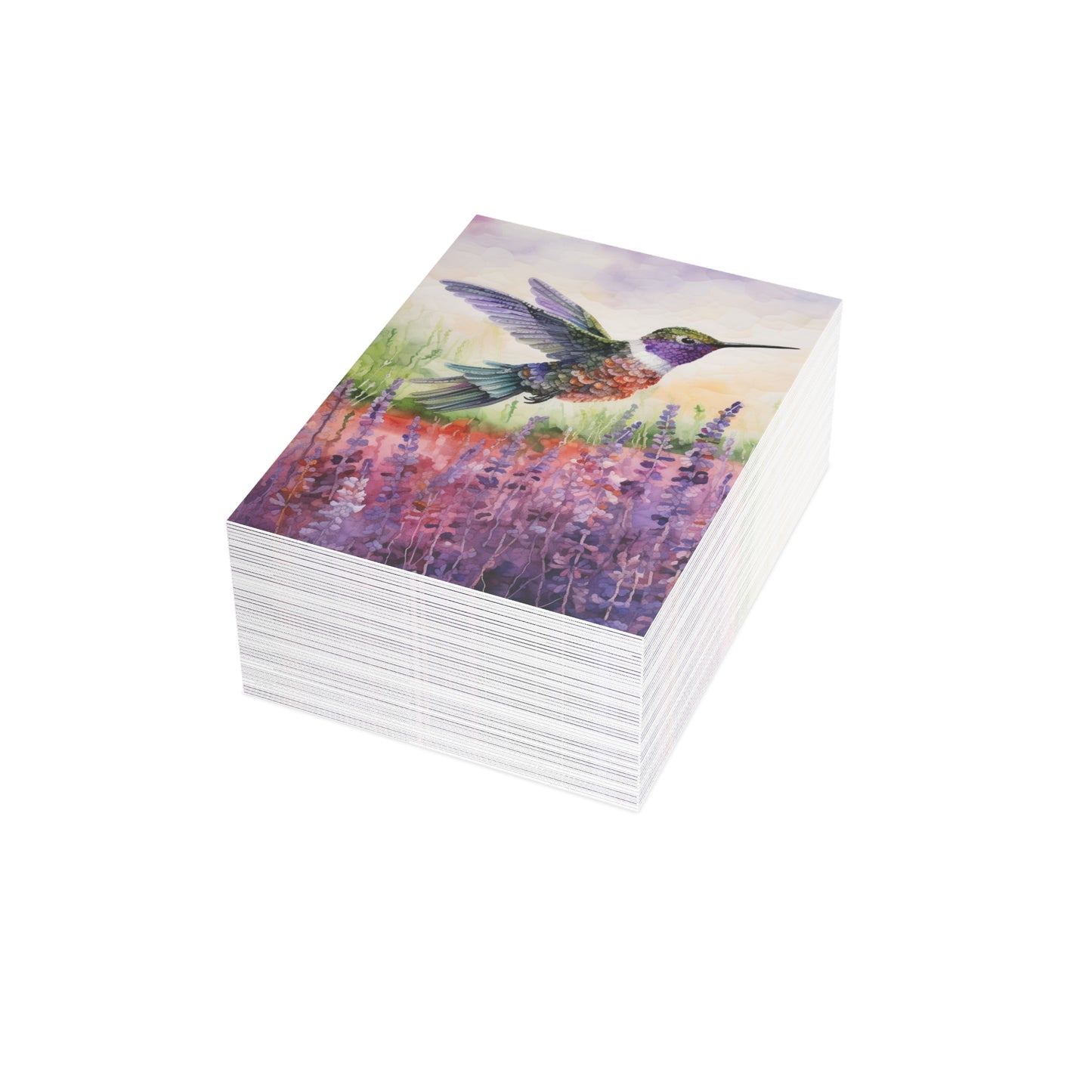 Threaded Wings: A humming's birds dance in a lavender field - Greeting Card