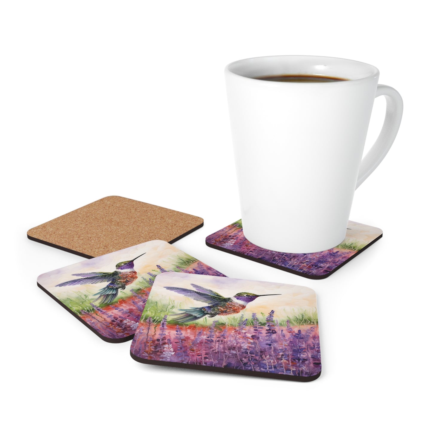 Watercoloured Whispers: Hummingbirds in Lavender Field Coasters (Series 3)