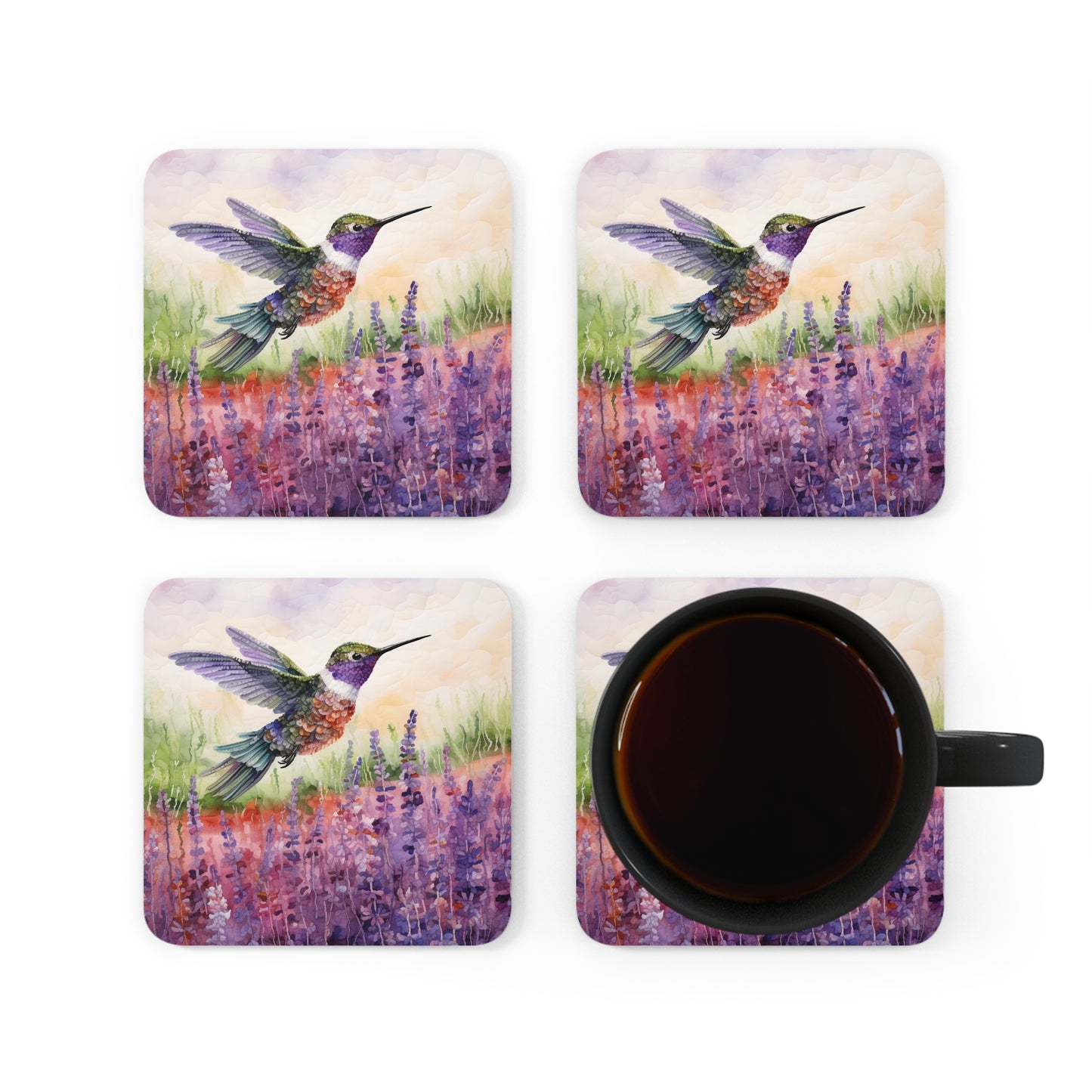 Watercoloured Whispers: Hummingbirds in Lavender Field Coasters (Series 3)