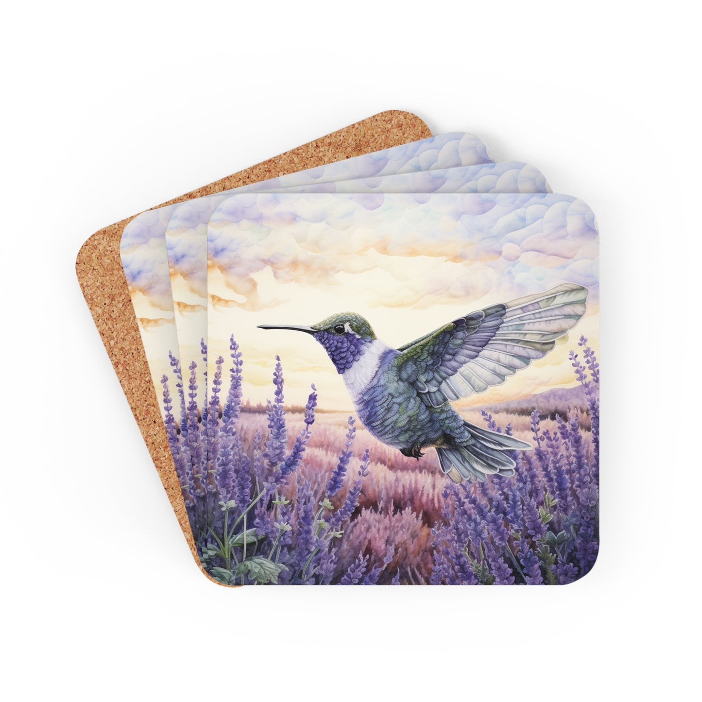 Watercoloured Whispers: Hummingbirds in Lavender Field Coasters (Series 2)