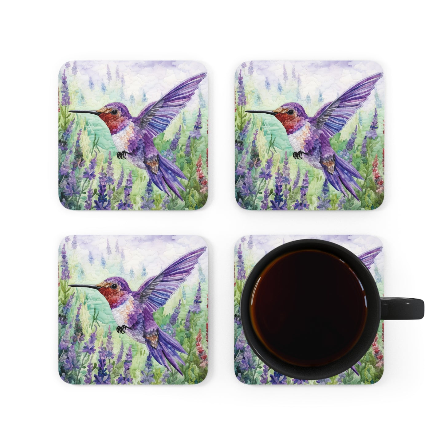 Watercoloured Whispers: Hummingbirds in Lavender Field Coasters (Series 4)